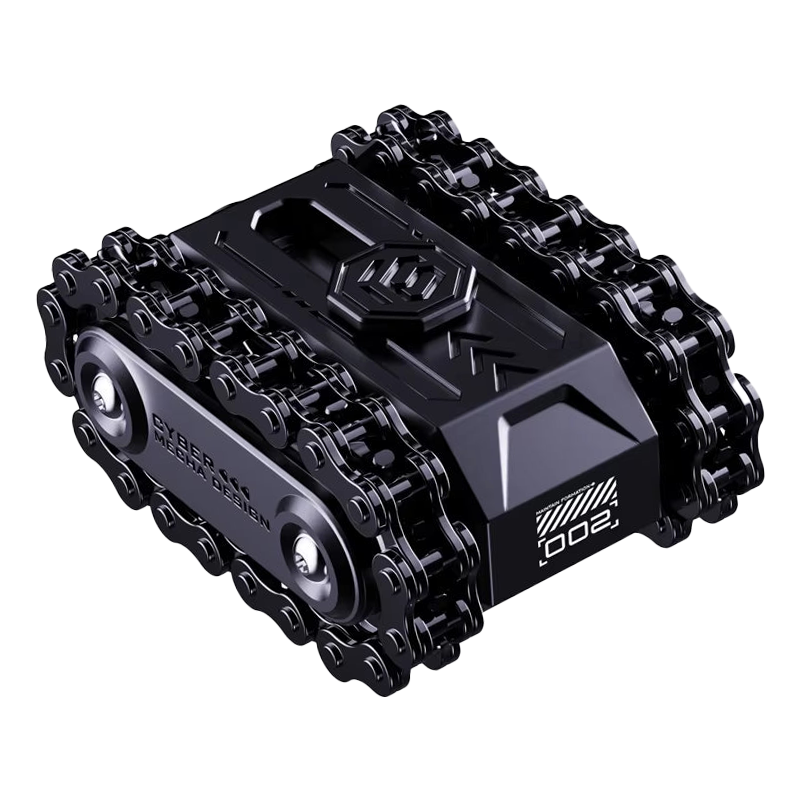 Black metal military tank fidget toy on white background featuring a rotating turret, smooth rolling tracks and compact stress relief design