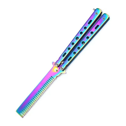 Foldable Stainless Steel Butterfly Knife Comb for Beard and Moustache Grooming - Professional Hairdressing Styling Tool