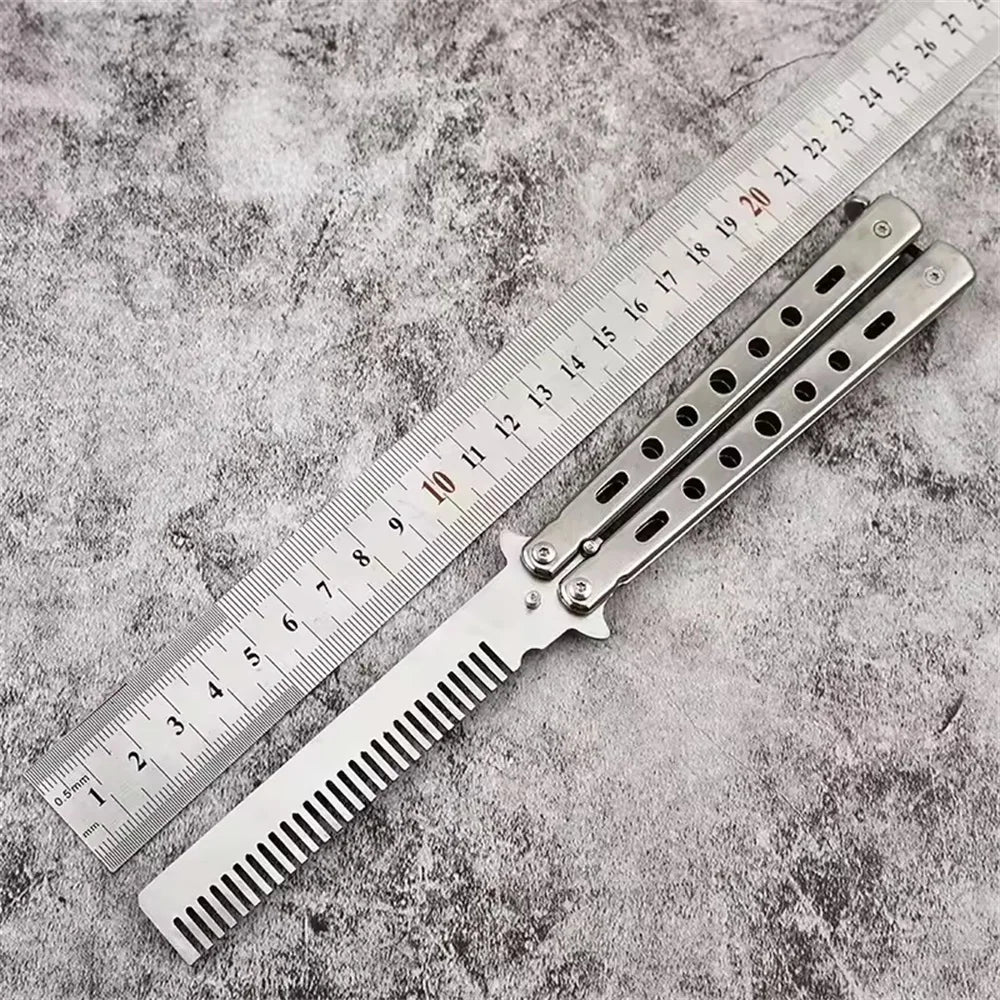 Foldable Stainless Steel Butterfly Knife Comb for Beard and Moustache Grooming - Professional Hairdressing Styling Tool