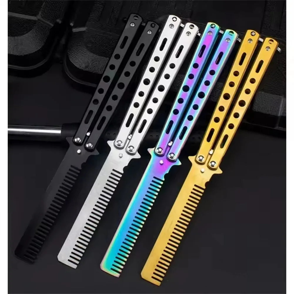 Foldable Stainless Steel Butterfly Knife Comb for Beard and Moustache Grooming - Professional Hairdressing Styling Tool