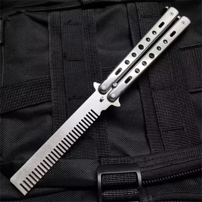 Foldable Stainless Steel Butterfly Knife Comb for Beard and Moustache Grooming - Professional Hairdressing Styling Tool