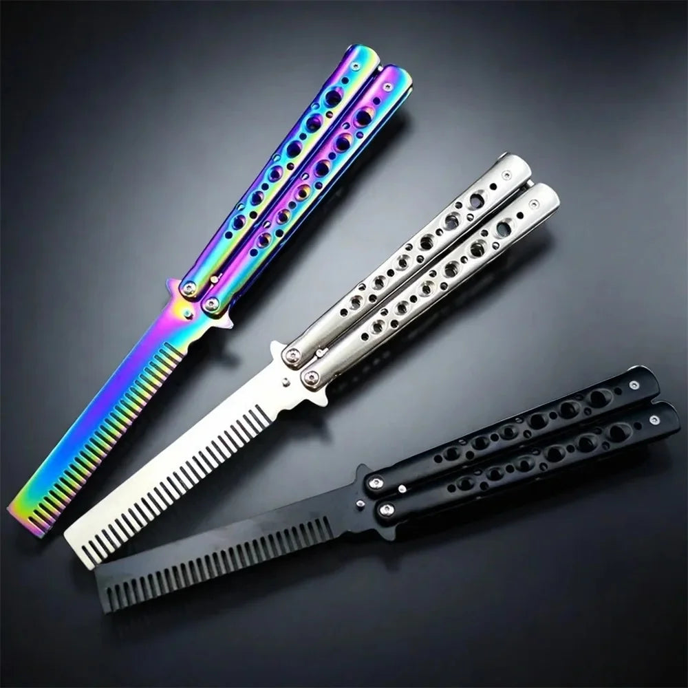 Foldable Stainless Steel Butterfly Knife Comb for Beard and Moustache Grooming - Professional Hairdressing Styling Tool