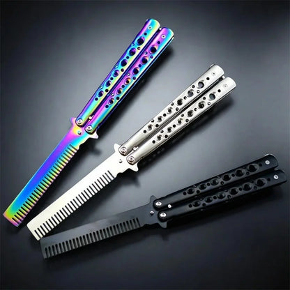 Foldable Stainless Steel Butterfly Knife Comb for Beard and Moustache Grooming - Professional Hairdressing Styling Tool