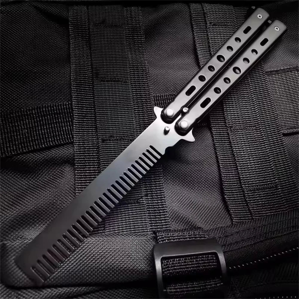 Foldable Stainless Steel Butterfly Knife Comb for Beard and Moustache Grooming - Professional Hairdressing Styling Tool