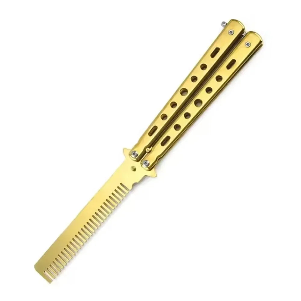 Foldable Stainless Steel Butterfly Knife Comb for Beard and Moustache Grooming - Professional Hairdressing Styling Tool
