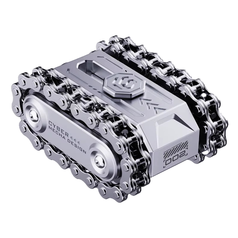 Silver metal military tank fidget toy on white background featuring a rotating turret, smooth rolling tracks and compact stress relief design