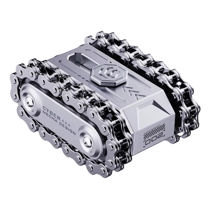 Silver metal military tank fidget toy on white background featuring a rotating turret, smooth rolling tracks and compact stress relief design