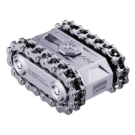 Silver metal military tank fidget toy on white background featuring a rotating turret, smooth rolling tracks and compact stress relief design