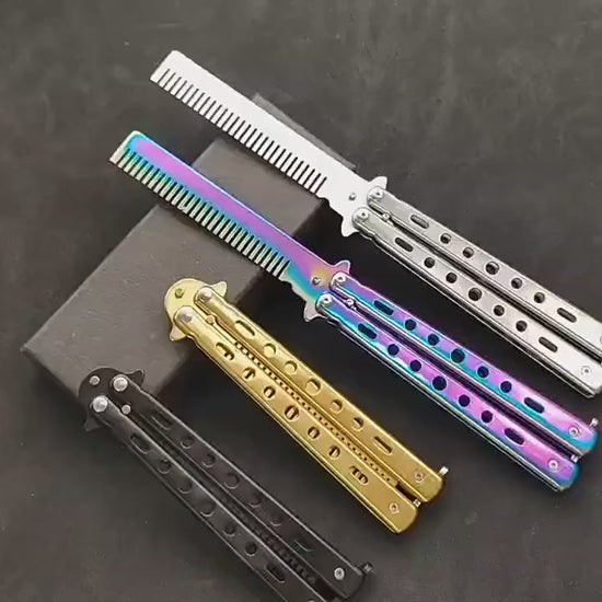 Foldable butterfly knife style hair comb combining a balisong flipping mechanism with a functional stainless steel grooming comb, designed for smooth repetitive hand movement, controlled flipping, and precise hair and beard styling while offering a tactile fidget experience for focus and relaxation