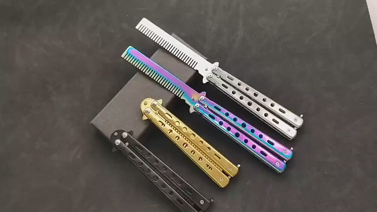 Foldable butterfly knife style hair comb combining a balisong flipping mechanism with a functional stainless steel grooming comb, designed for smooth repetitive hand movement, controlled flipping, and precise hair and beard styling while offering a tactile fidget experience for focus and relaxation