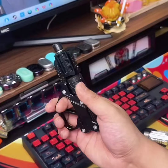 High-quality metal EDC fidget spinner featuring a revolver-inspired flip push slider design with smooth precision bearings, designed for stress relief, focus improvement, and tactile stimulation in everyday use.
