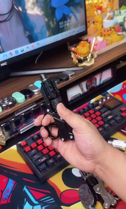High-quality metal EDC fidget spinner featuring a revolver-inspired flip push slider design with smooth precision bearings, designed for stress relief, focus improvement, and tactile stimulation in everyday use.