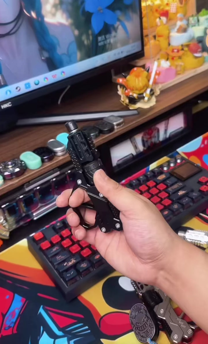 High-quality metal EDC fidget spinner featuring a revolver-inspired flip push slider design with smooth precision bearings, designed for stress relief, focus improvement, and tactile stimulation in everyday use.