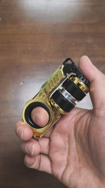 Mechanical EDC fidget slider object with ratchet mechanism and ring grip, metallic body with precision details, handheld scale, designed for tactile focus and stress relief